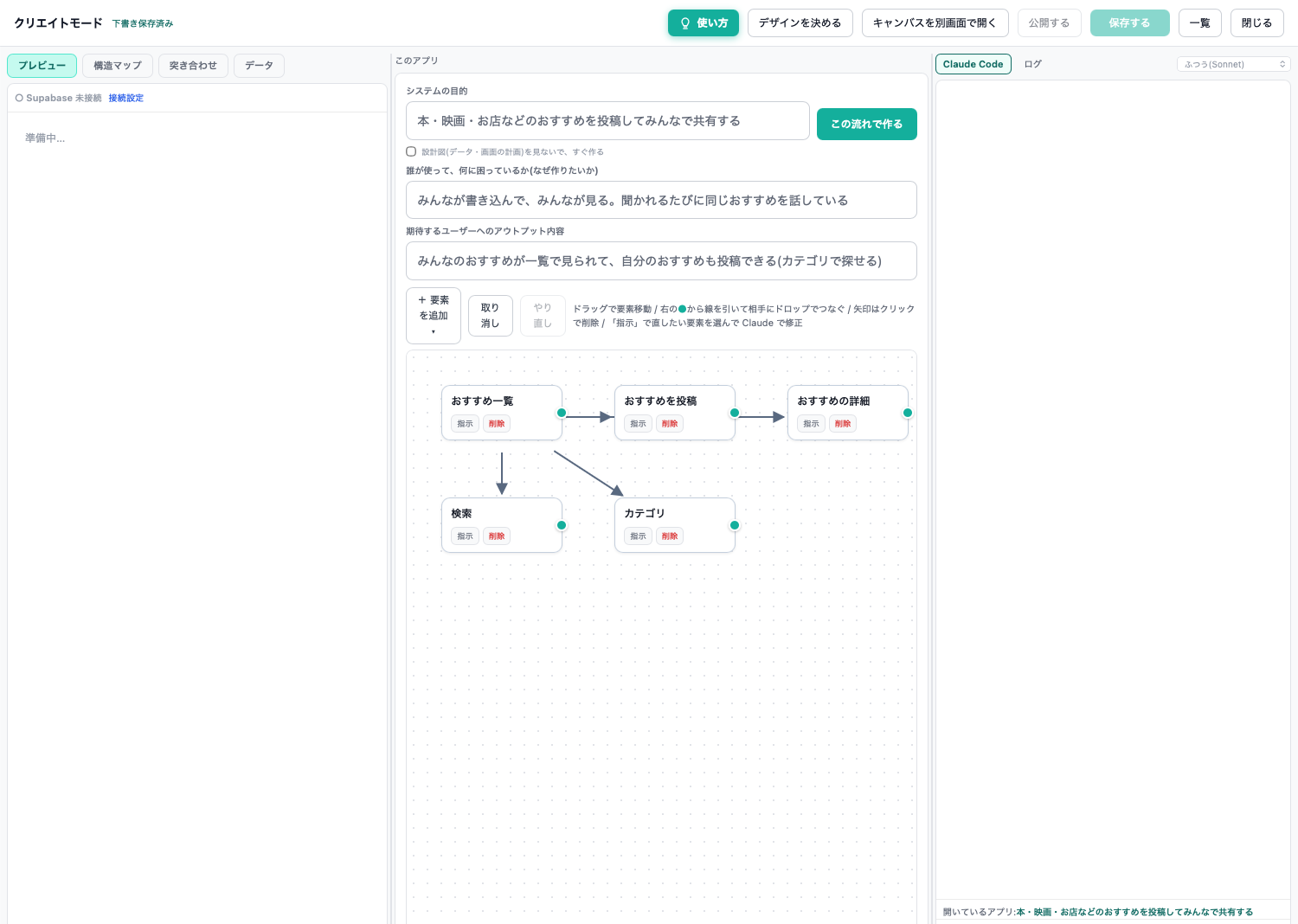 AppMap のクリエイトモード。左に確認用の4つのタブ、中央に設計図（目的の欄と、おすすめ一覧・投稿・詳細・検索・カテゴリの要素）、右に作業ログの欄。